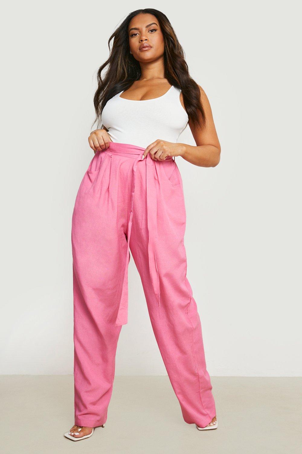 Plus Linen Belted Wide Leg Pants