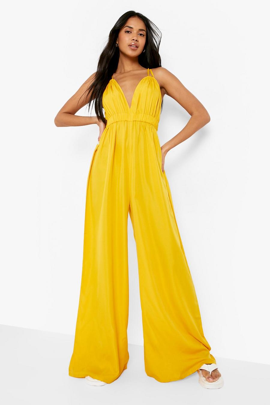 Mustard Woven Plunge Ruffle Detail Wide Leg Jumpsuit image number 1