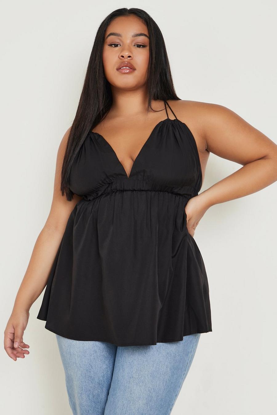 Black Plus Woven Shirred Ruffle Plunge Cami Top image number 1