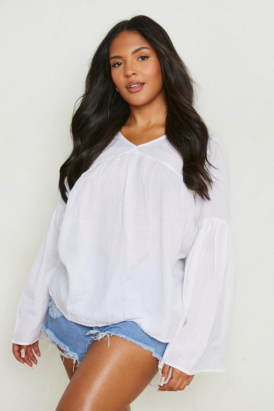 White Plus Linen Bell Sleeve Top image number 1