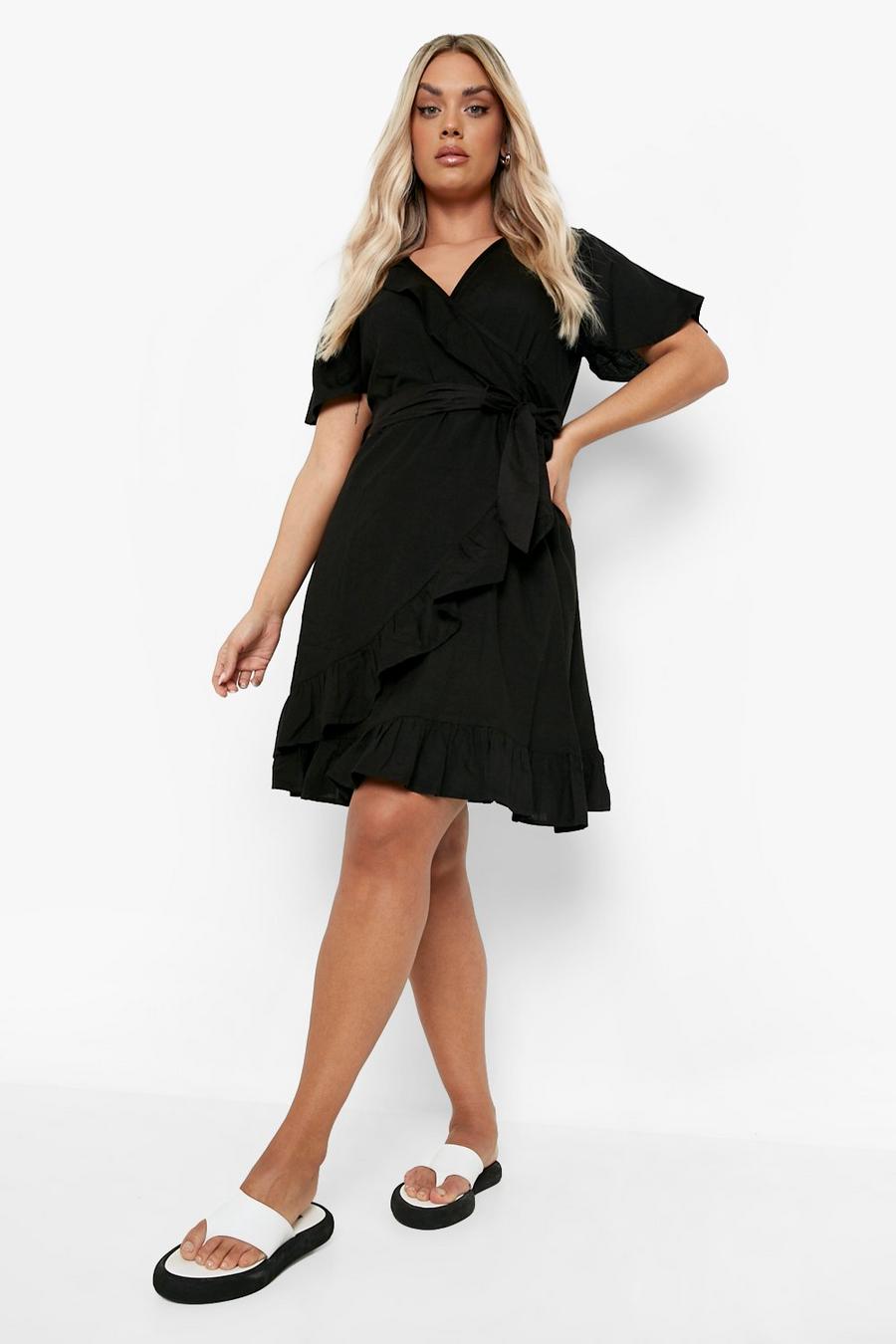 Black schwarz Plus Linen Frill Detail Mini Dress
