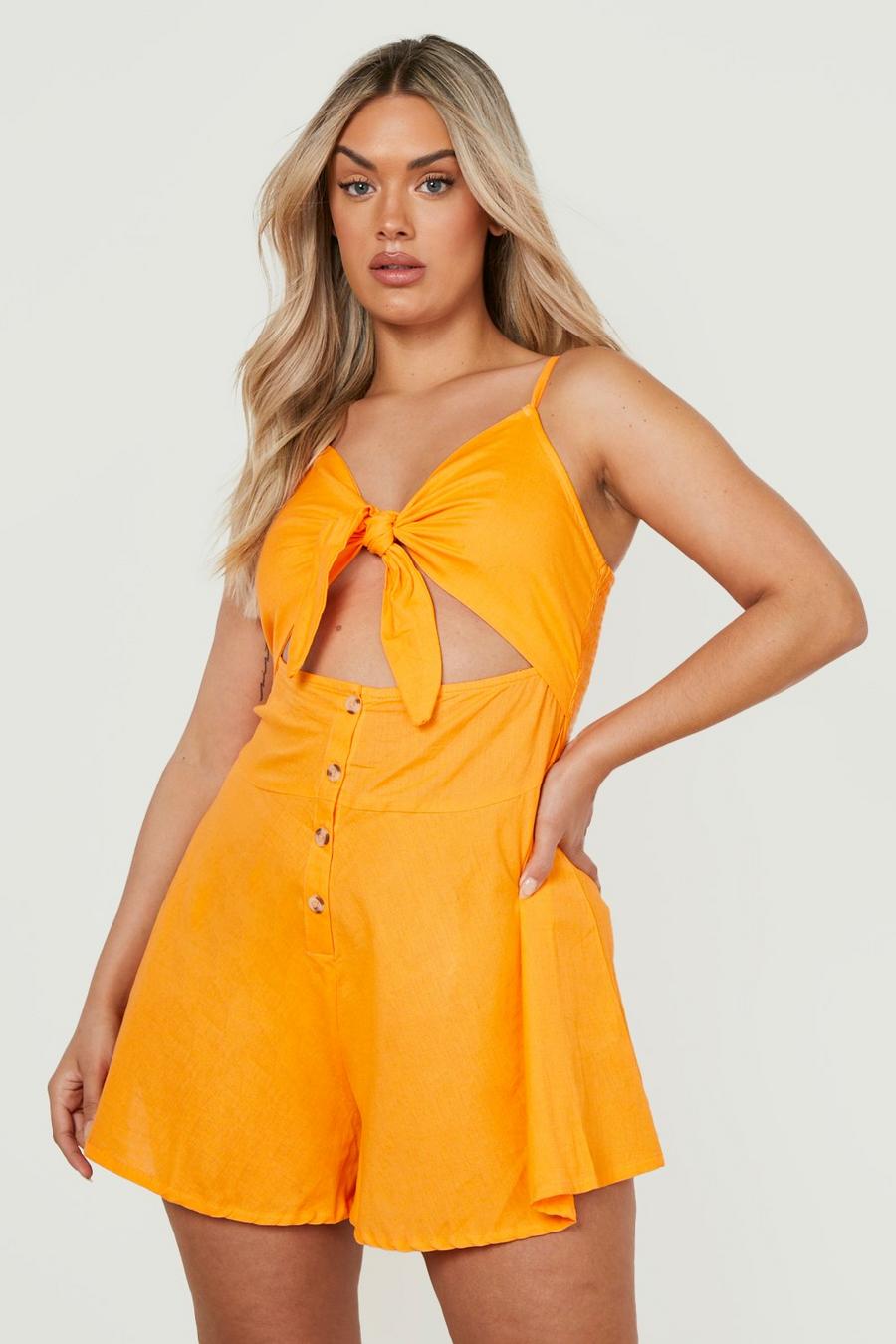 Orange Plus Linen Tie Front Playsuit