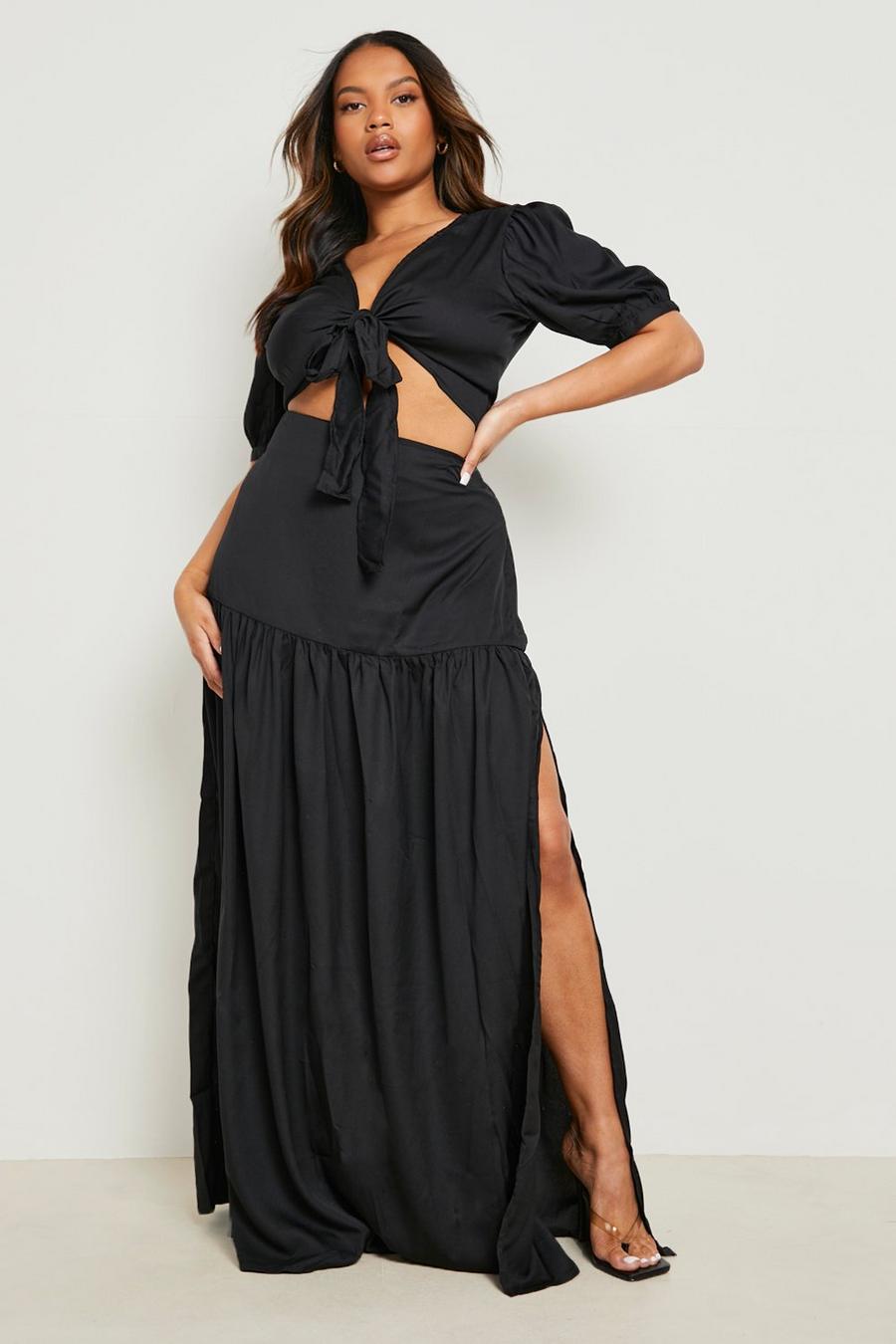 Black Plus Tie Front Top & Tiered Maxi Skirt Co Ord image number 1