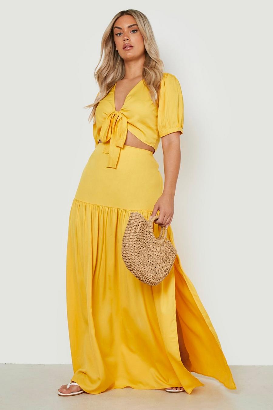 Mustard Plus Tie Front Top & Tiered Maxi Skirt Co Ord image number 1