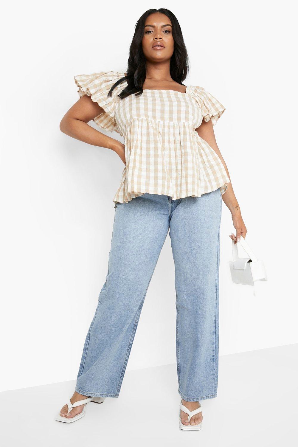 Plus Crinkle Gingham Frill Sleeve Smock Top | boohoo