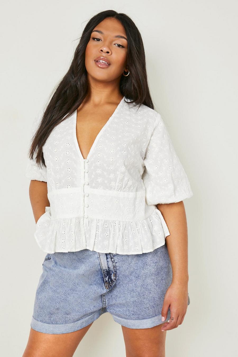 White Plus Broderie Button Down Peplum Top image number 1