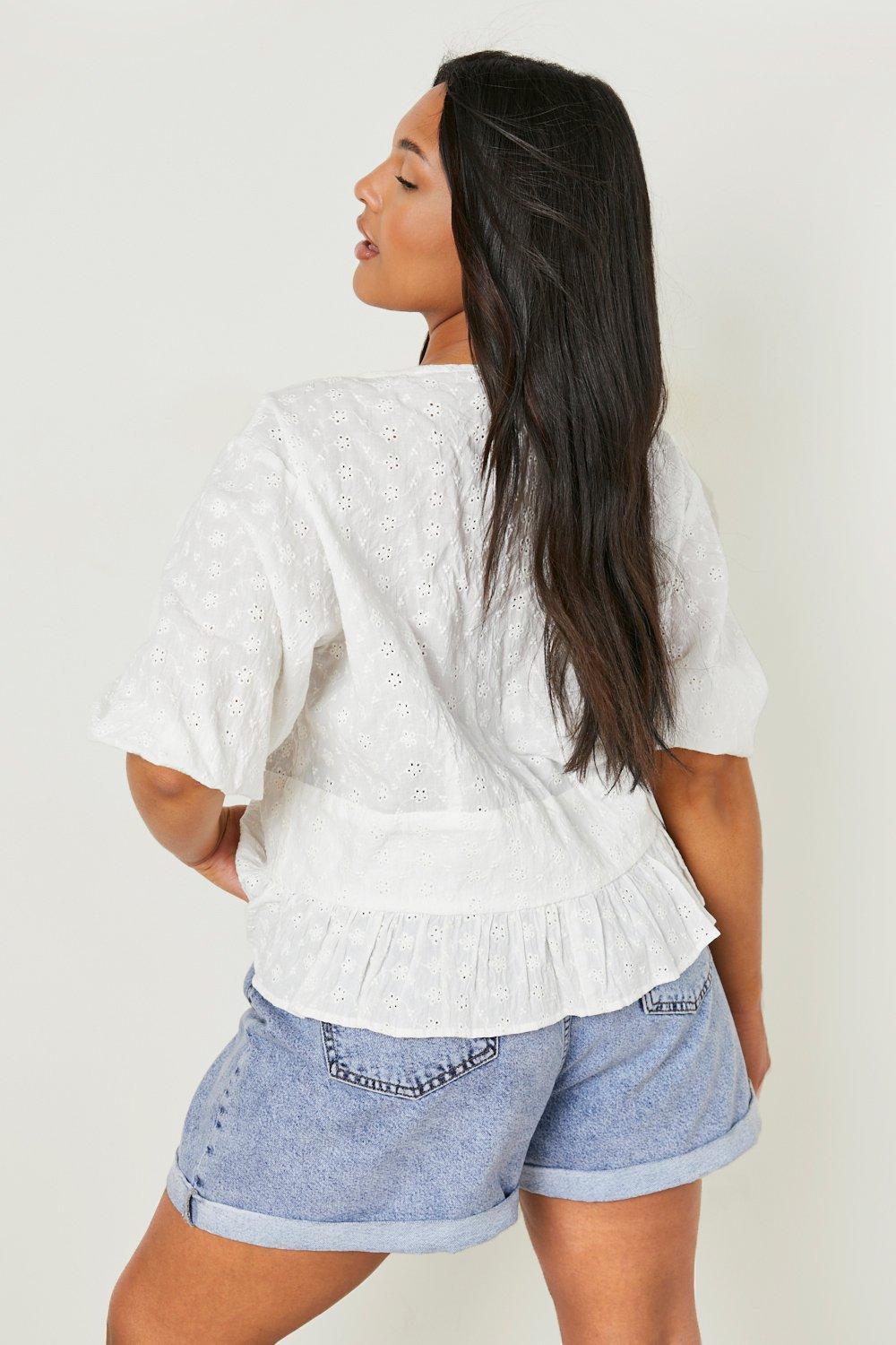 White Plus Broderie Button Down Peplum Top