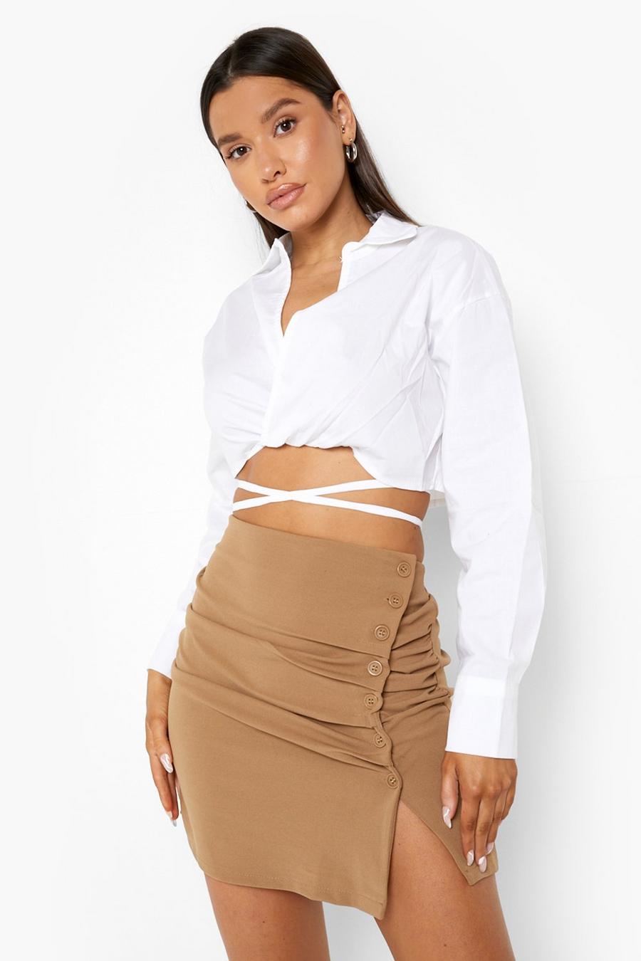 Mocha beige Button Detail Ruched Mini Skirt 