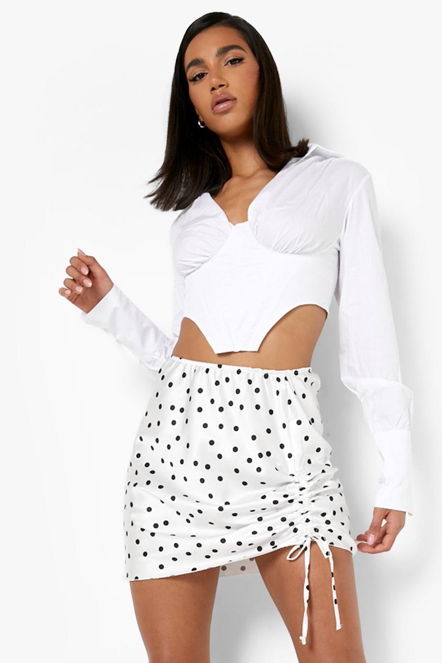 Minifalda fruncida de raso con estampado de lunares, Ivory bianco