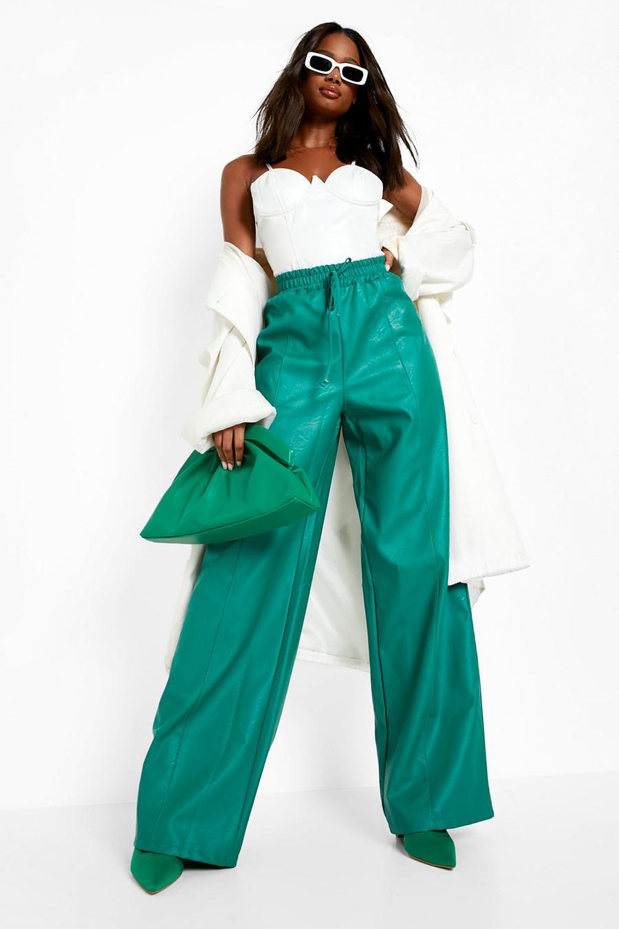 Green Faux Leather Drawstring Waist Straight Leg Trouser image number 1
