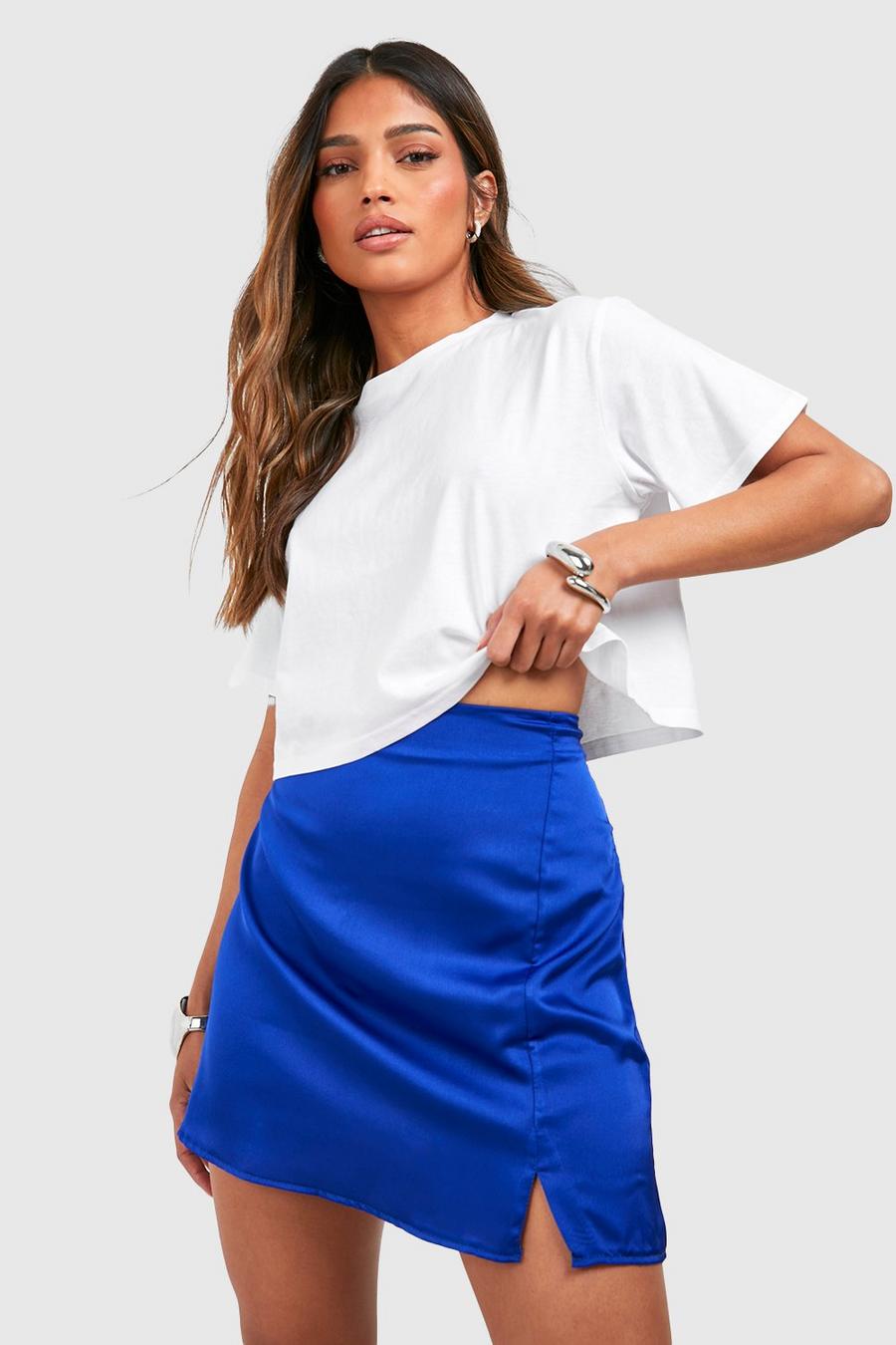 Blue Curved Hem Satin Mini Skirt image number 1