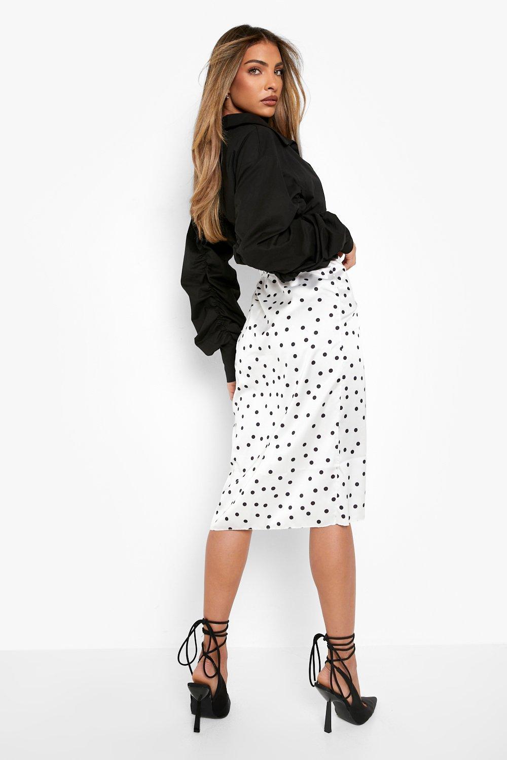 Boohoo exclusive satin wrap midi skirt in spot clearance print