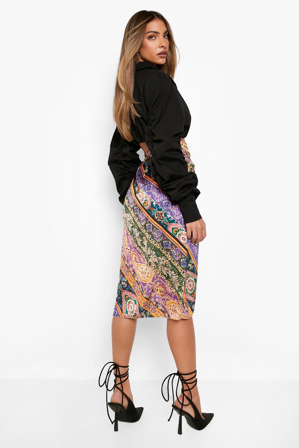 Paisley Print Knot Wrap Satin Skirt