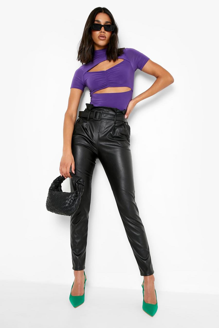 Black Belted Paperbag Waist Faux Leather Tapered Trouser image number 1