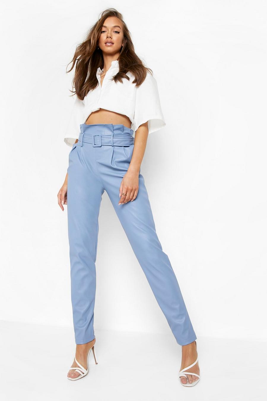 Pale blue Belted Paperbag Waist Pu Tapered Pants image number 1