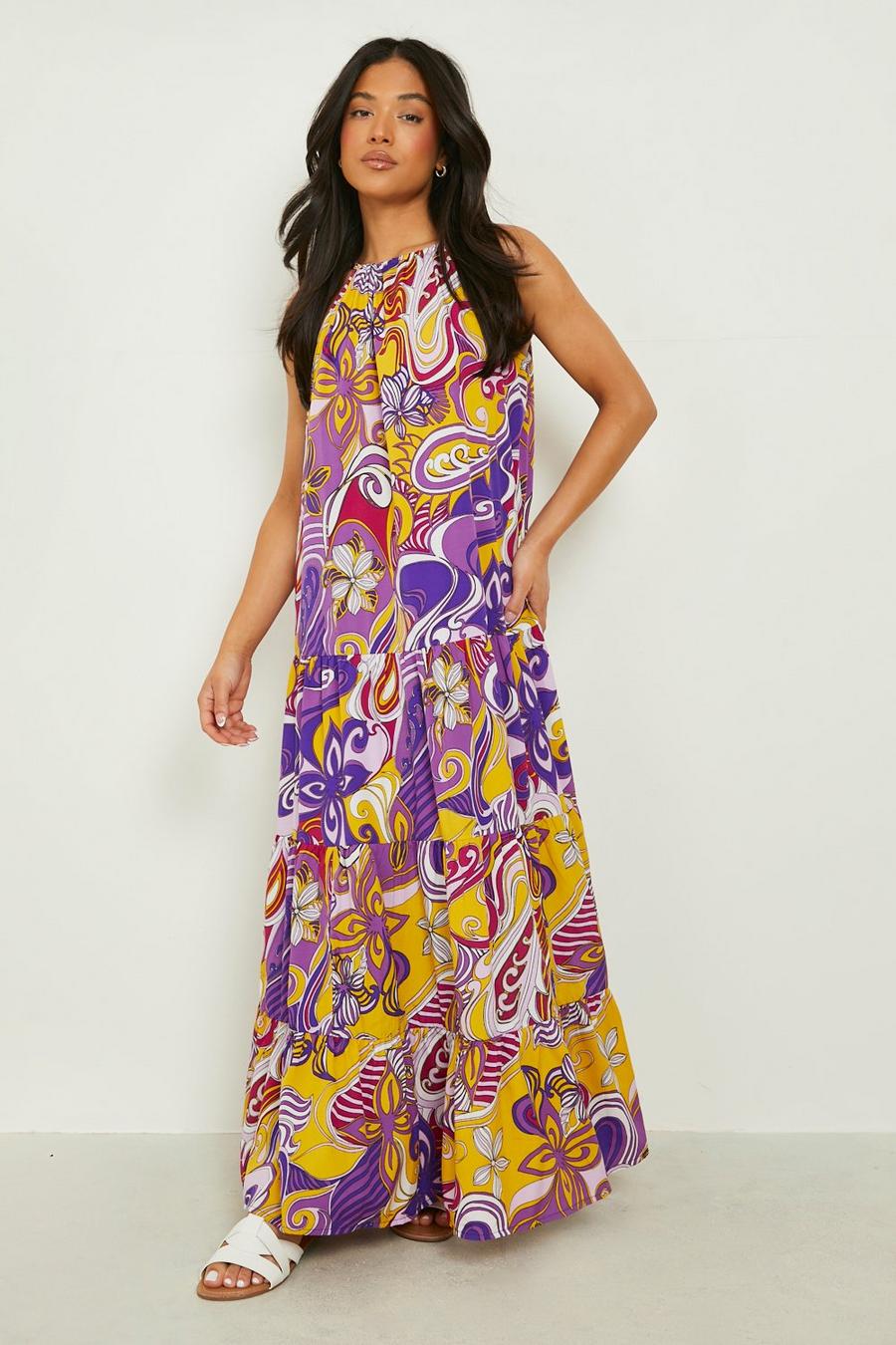 Purple Petite Abstract Floral Swing Maxi Dress image number 1