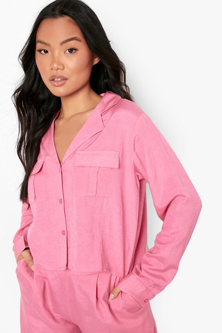 Pink Petite Linen Look Pocket Detail Crop Utility Shirt image number 1