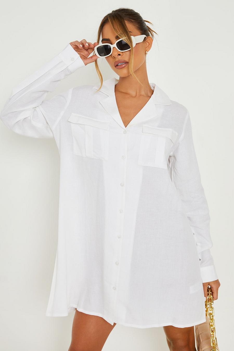 Vestido camisero oversize de lino con bolsillos utilitarios, White image number 1