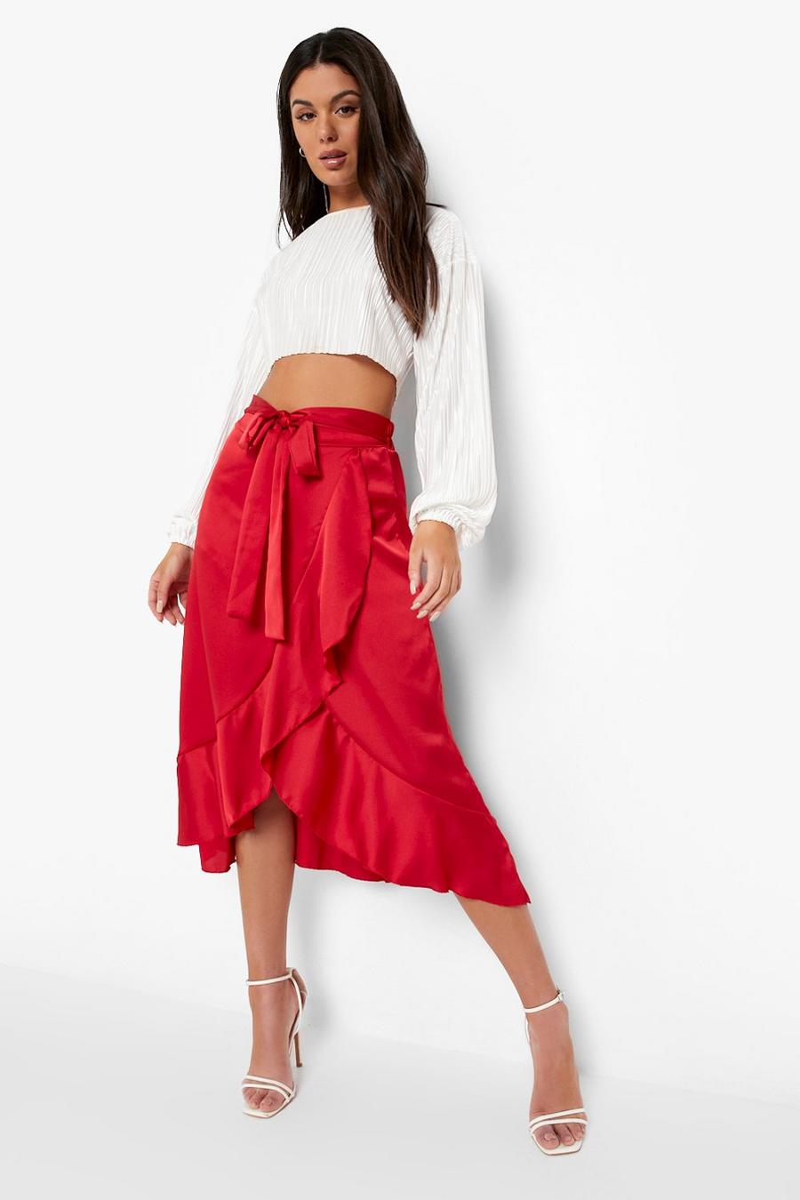Red Satin Wrap Frill Midi Skirt 