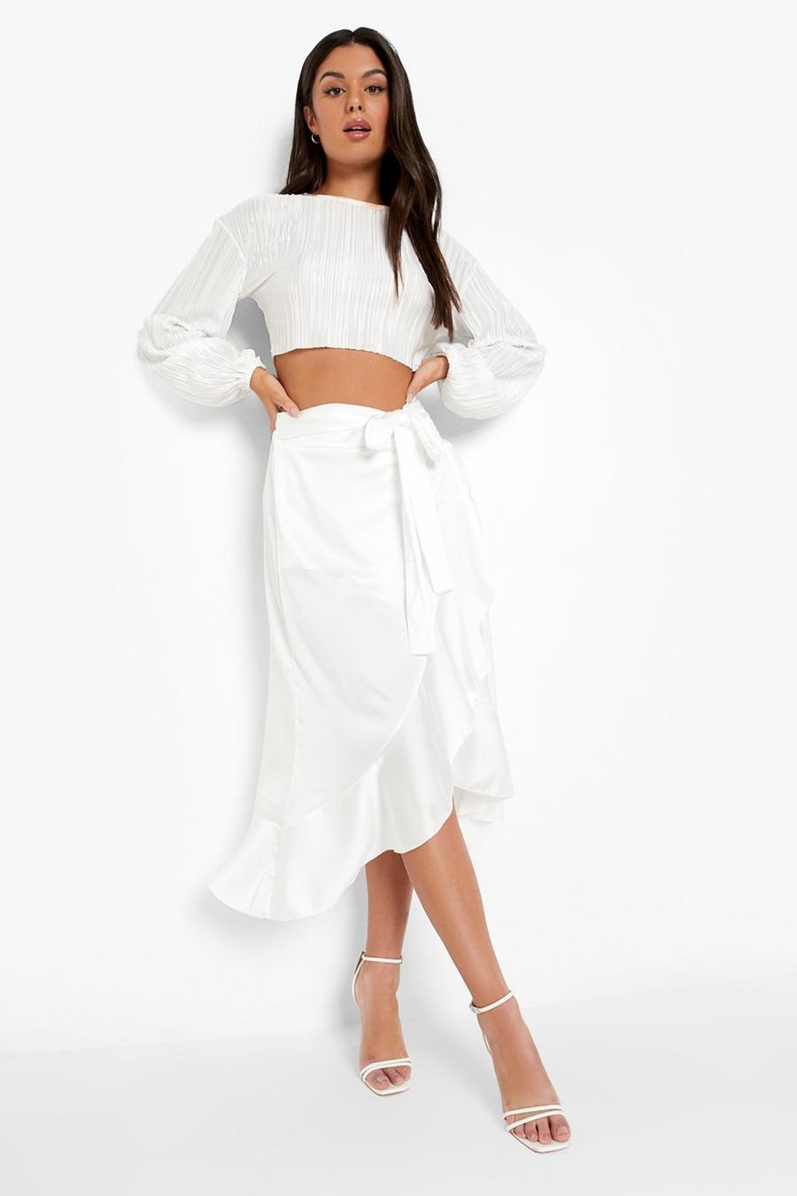 White blanco Satin Wrap Frill Midi Skirt 