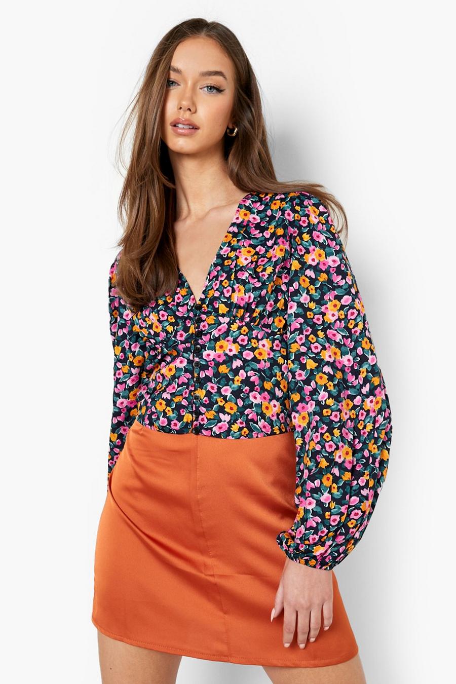 Black Floral Volume Sleeve Button Front Top 
