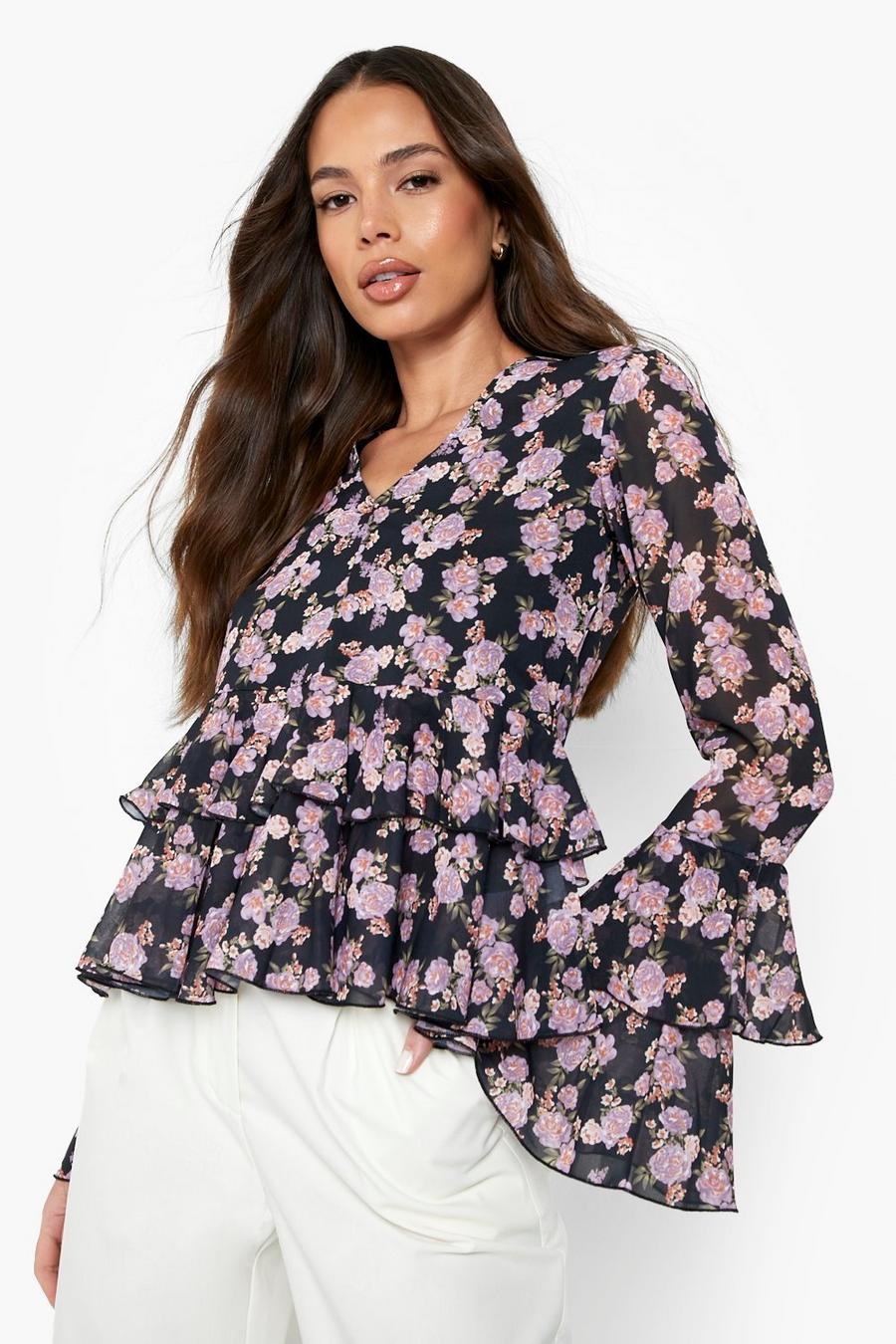Black Floral Chiffon Frill Long Sleeve Blouse image number 1