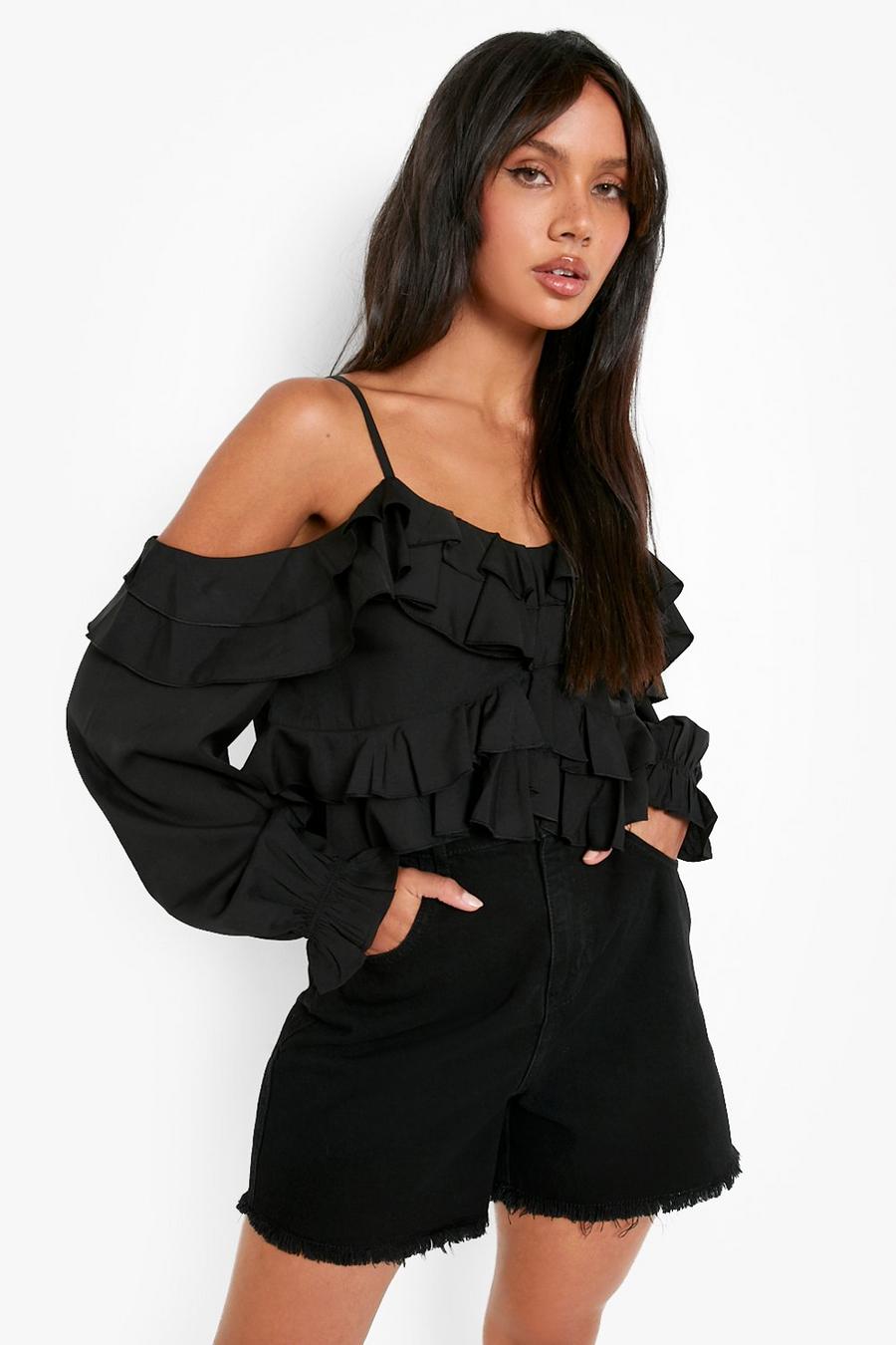 Black Woven Tiered Frill Long Sleeve Top  image number 1