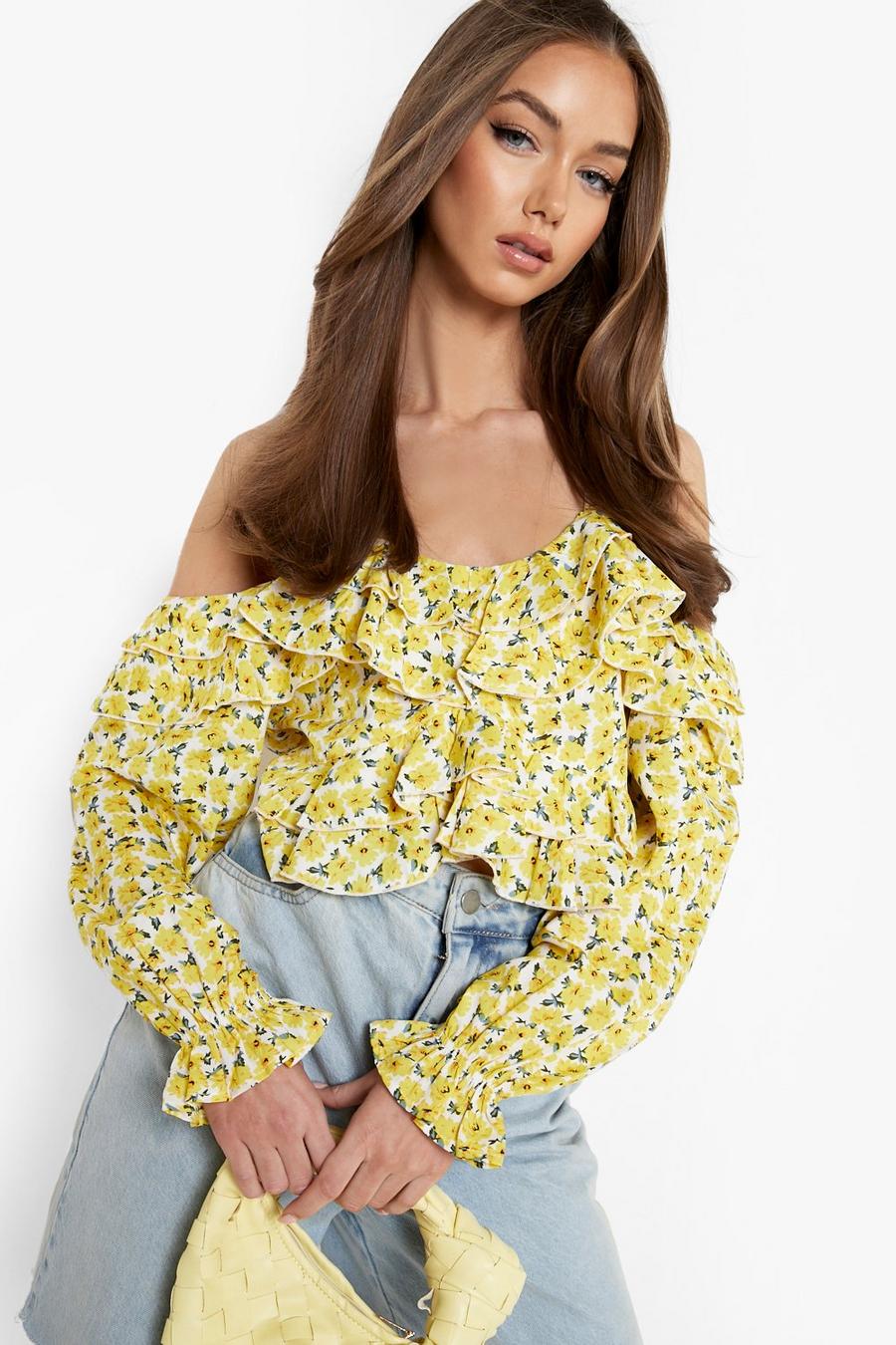Lemon yellow Floral Tiered Frill Long Sleeve Top 
