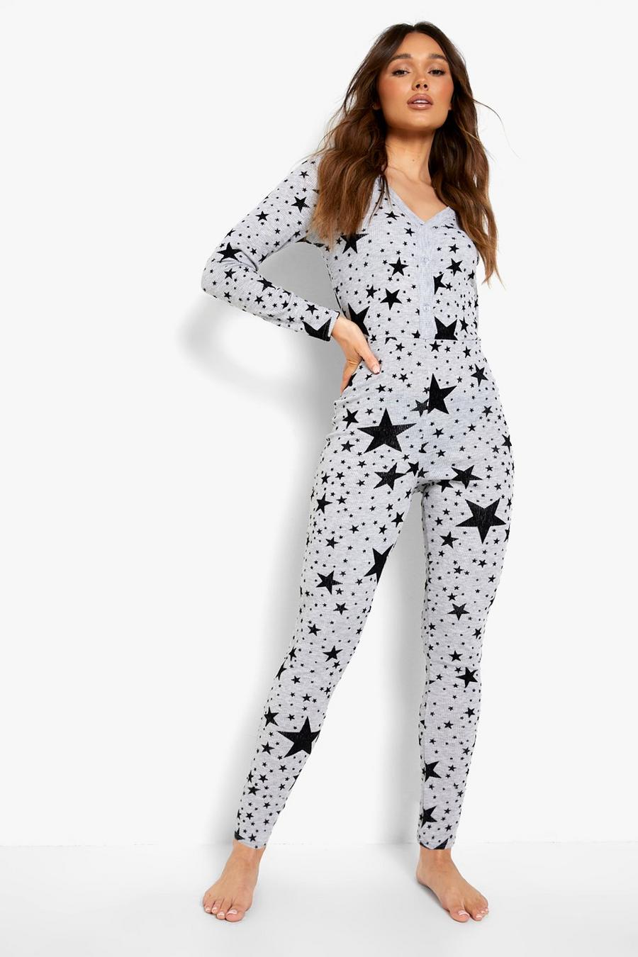 Pijama enterizo de canalé con estrellas de terciopelo, Grey marl grigio image number 1
