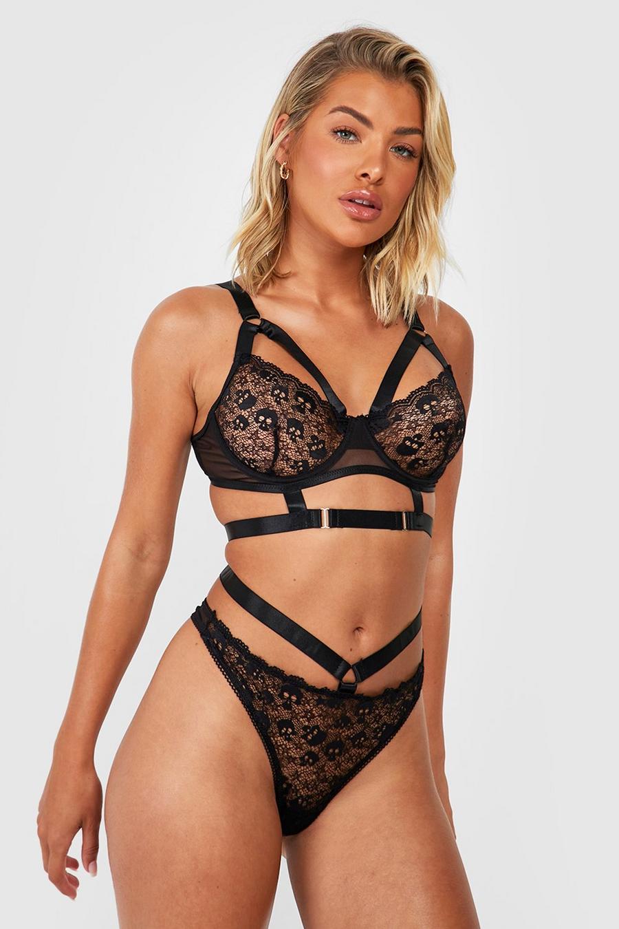 Black Valentines Strapping Bra and Thong Set