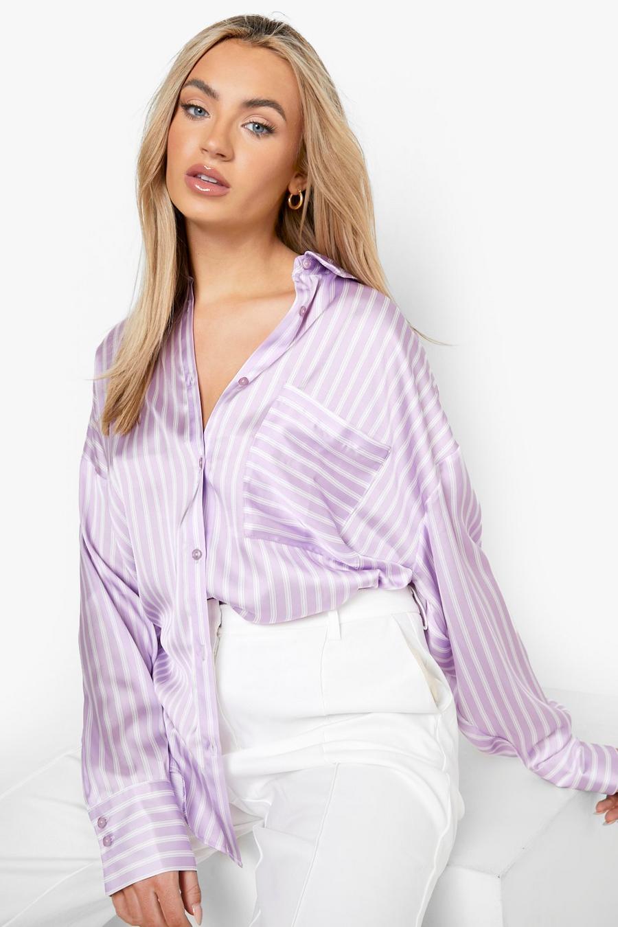 Oversize Satin-Hemd mit Streifen, Lilac image number 1