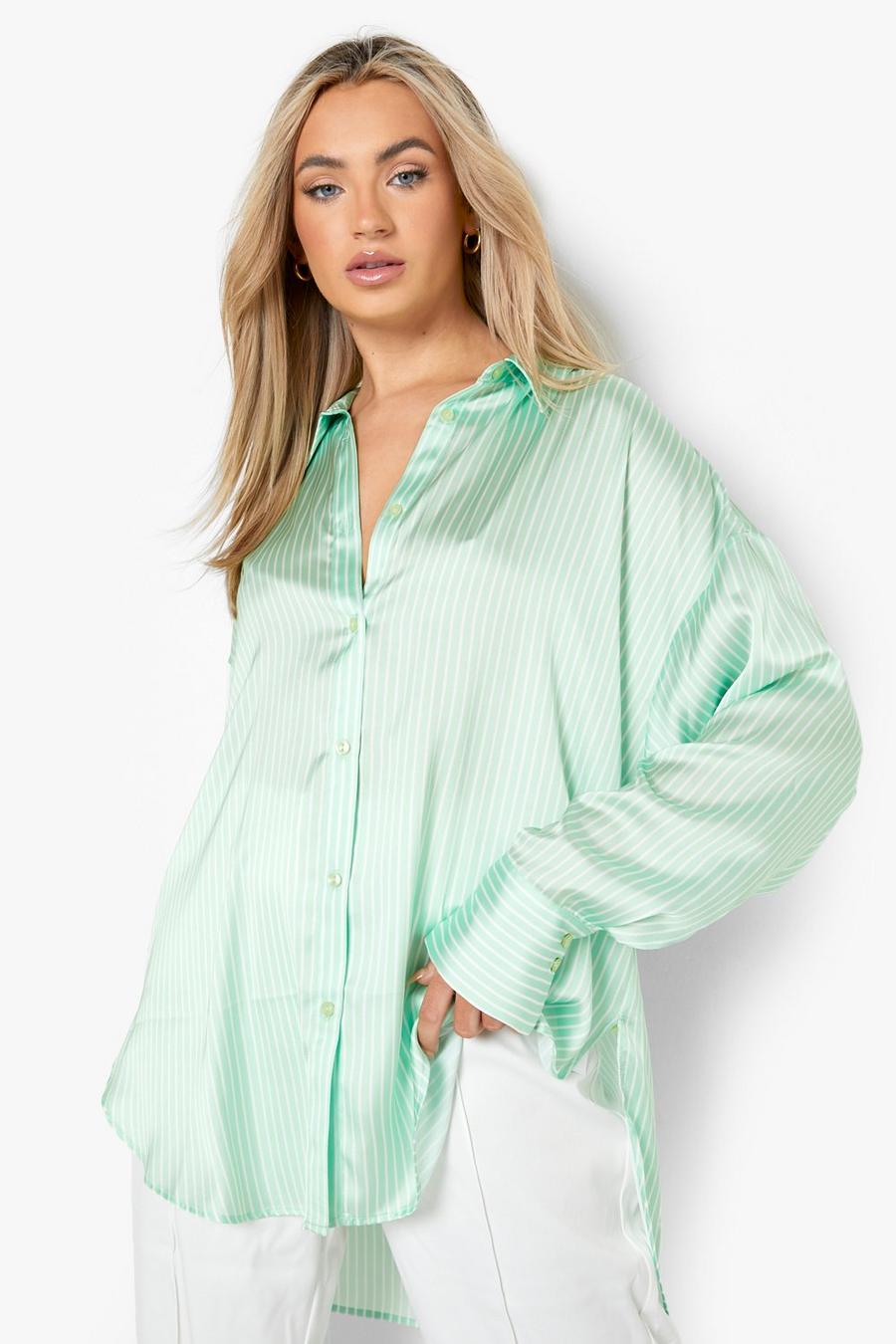 Gestreiftes Oversize Hemd aus Satin, Lime green image number 1