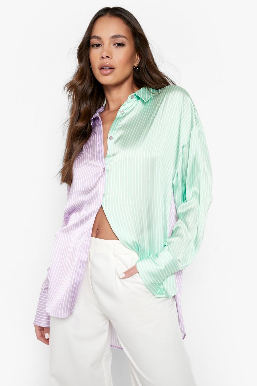 Lilac Contrast Stripe Satin Oversized Shirt  image number 1