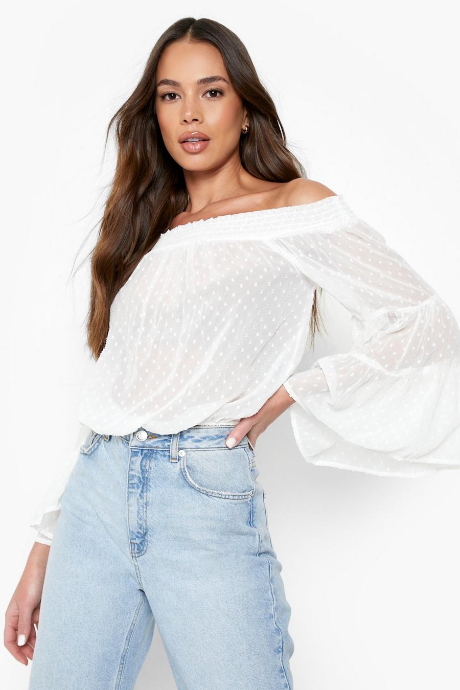 Cream white Sheer Dobby Off The Shoulder Top