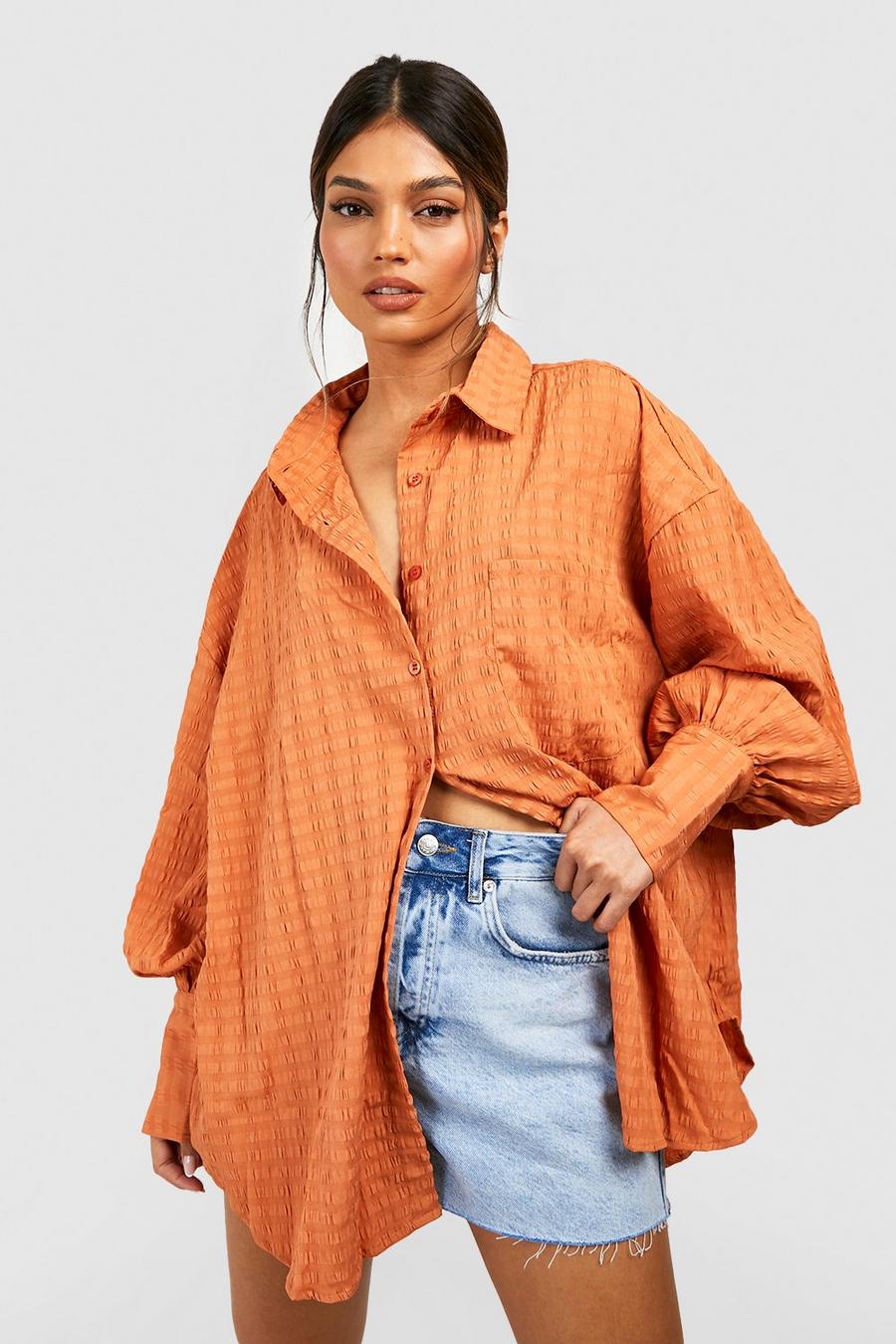 Rust Textured Woven Oversized Shirt image number 1