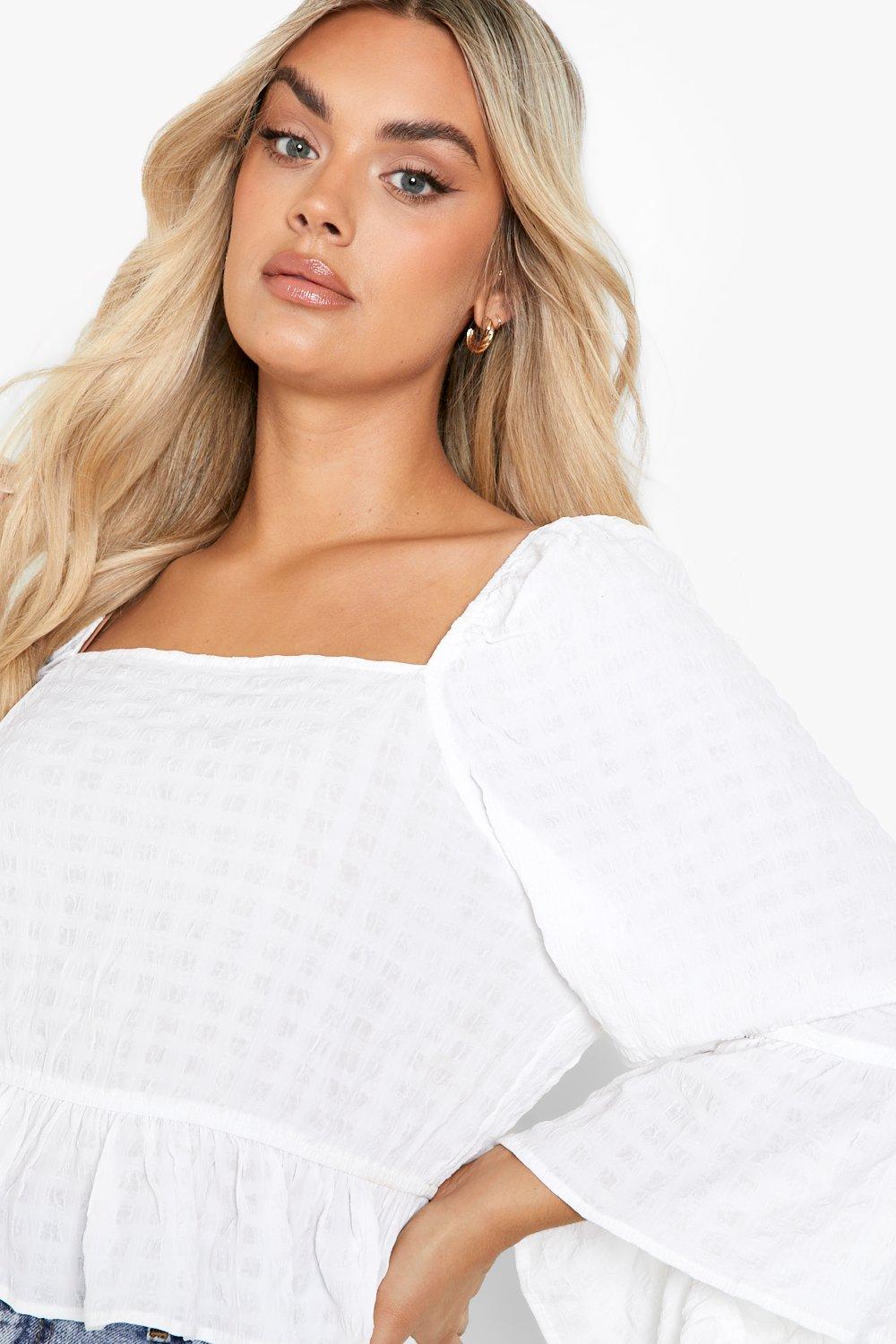 Women's White Plus Textured Volume Sleeve Top