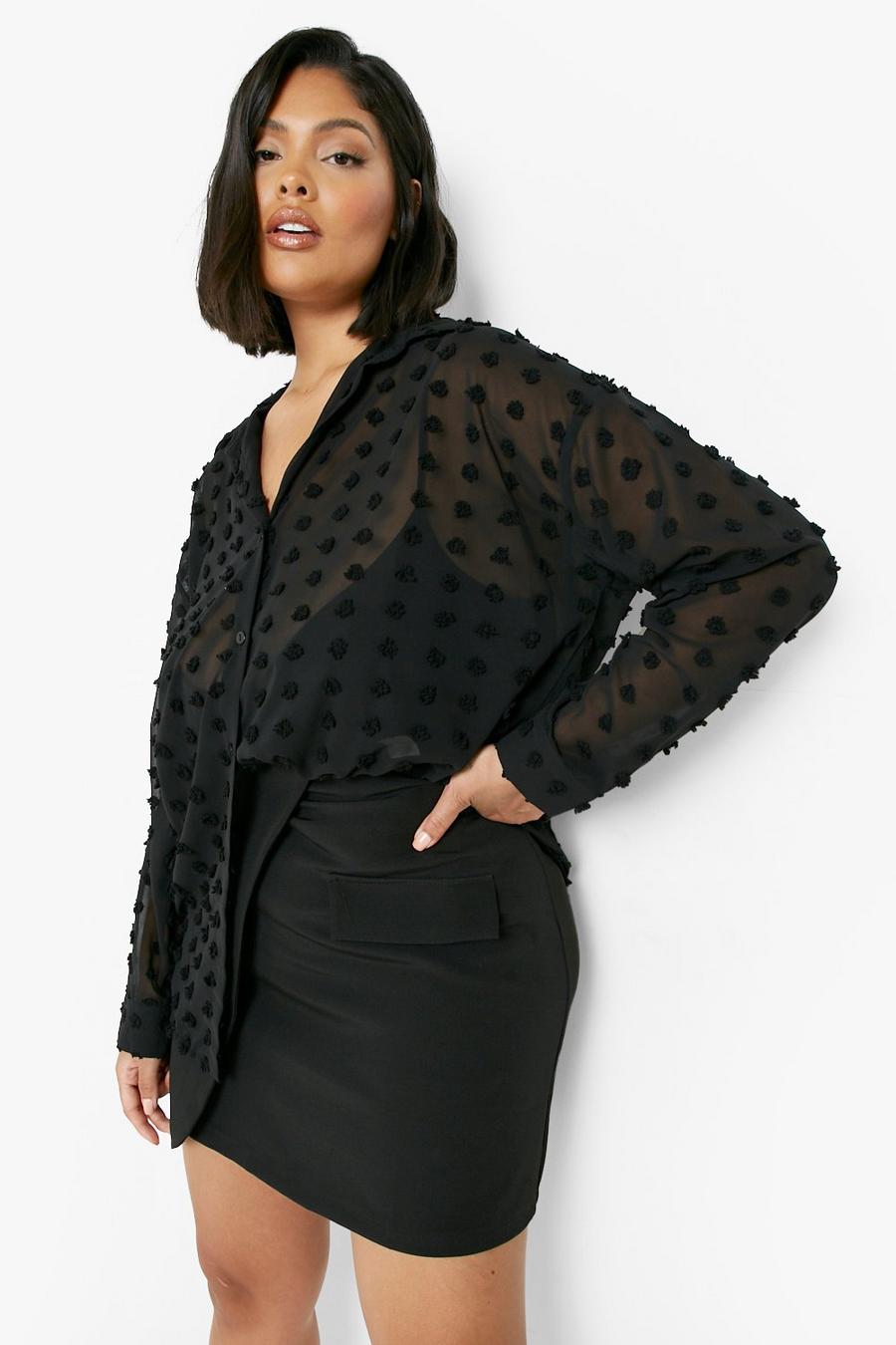 Camicia Plus Size oversize a pois con trama, Black image number 1
