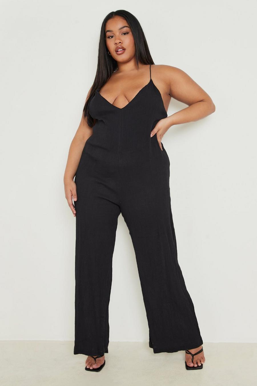 Black svart Plus Cheesecloth Strappy Trapeze Jumpsuit 