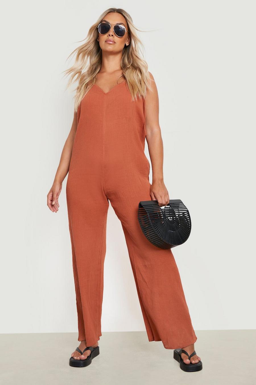 Tan brown Plus Cheesecloth Strappy Trapeze Jumpsuit 