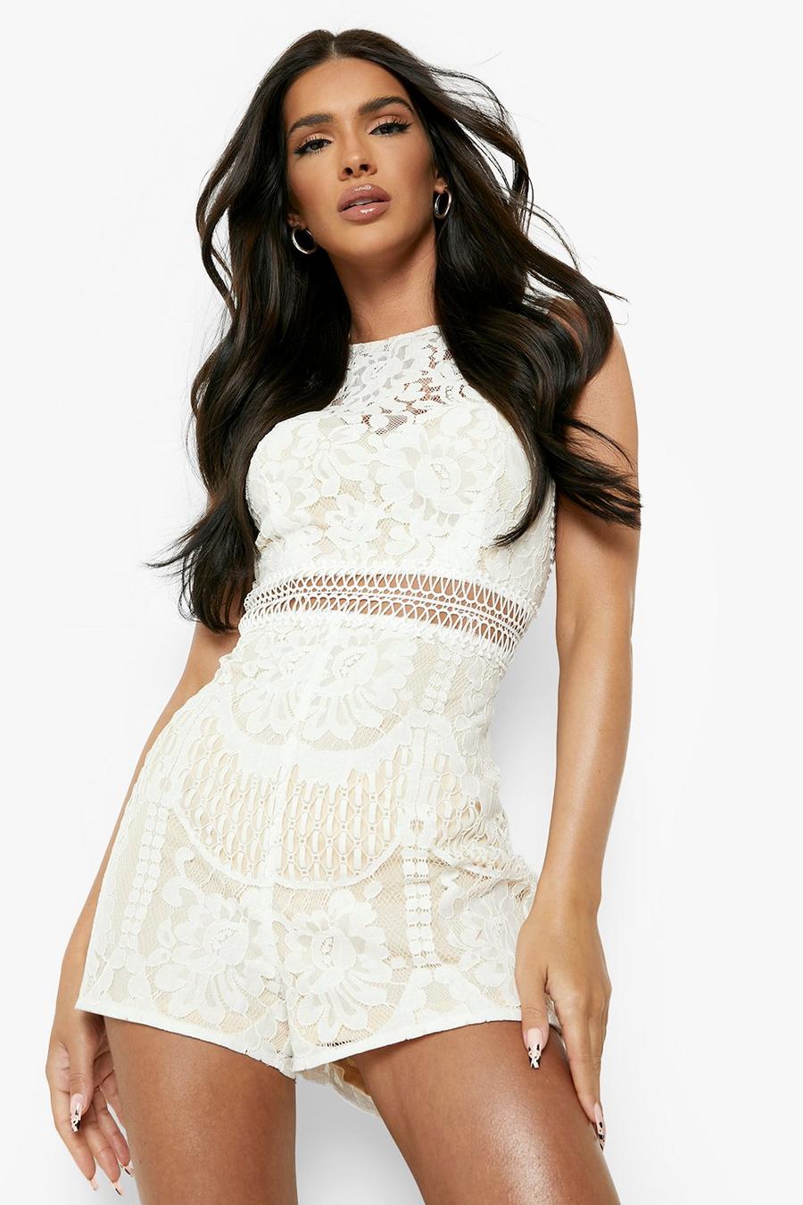 White Panelled Lace Sleeveless Romper