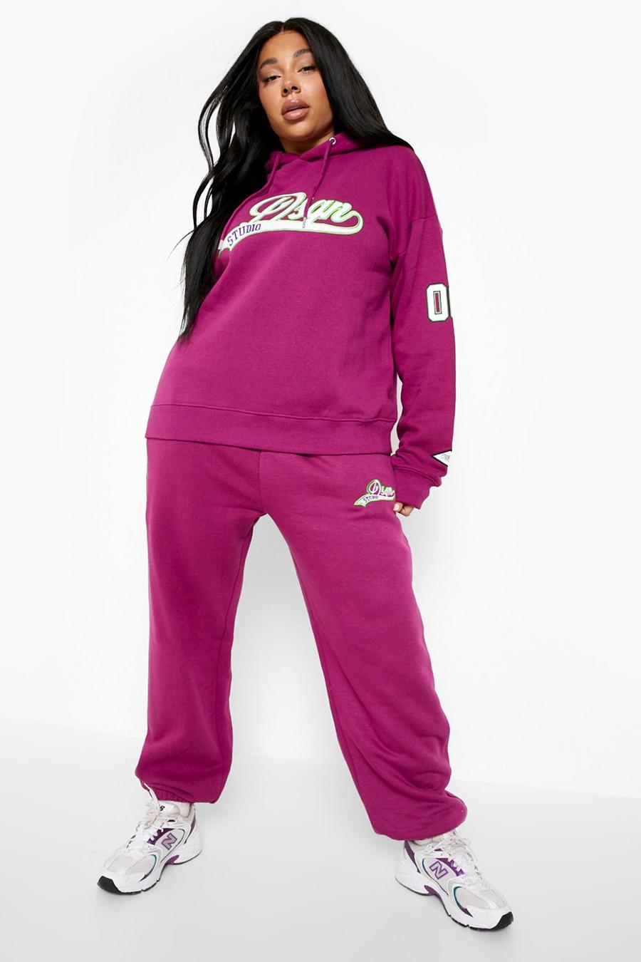 Magenta pink Plus Towelling Applique Hooded Tracksuit