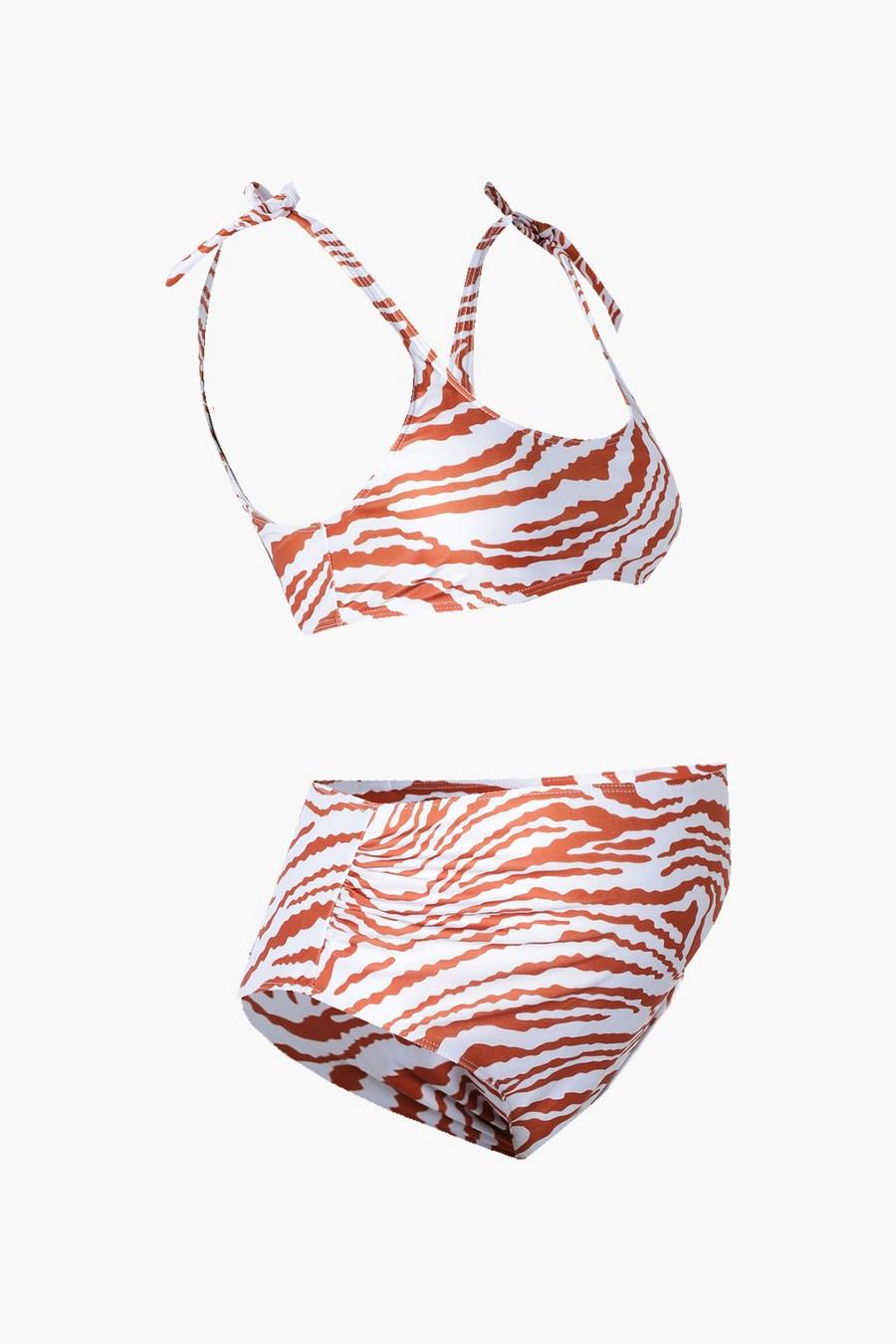 Brown Maternity Zebra Tie Shoulder Bikini image number 1