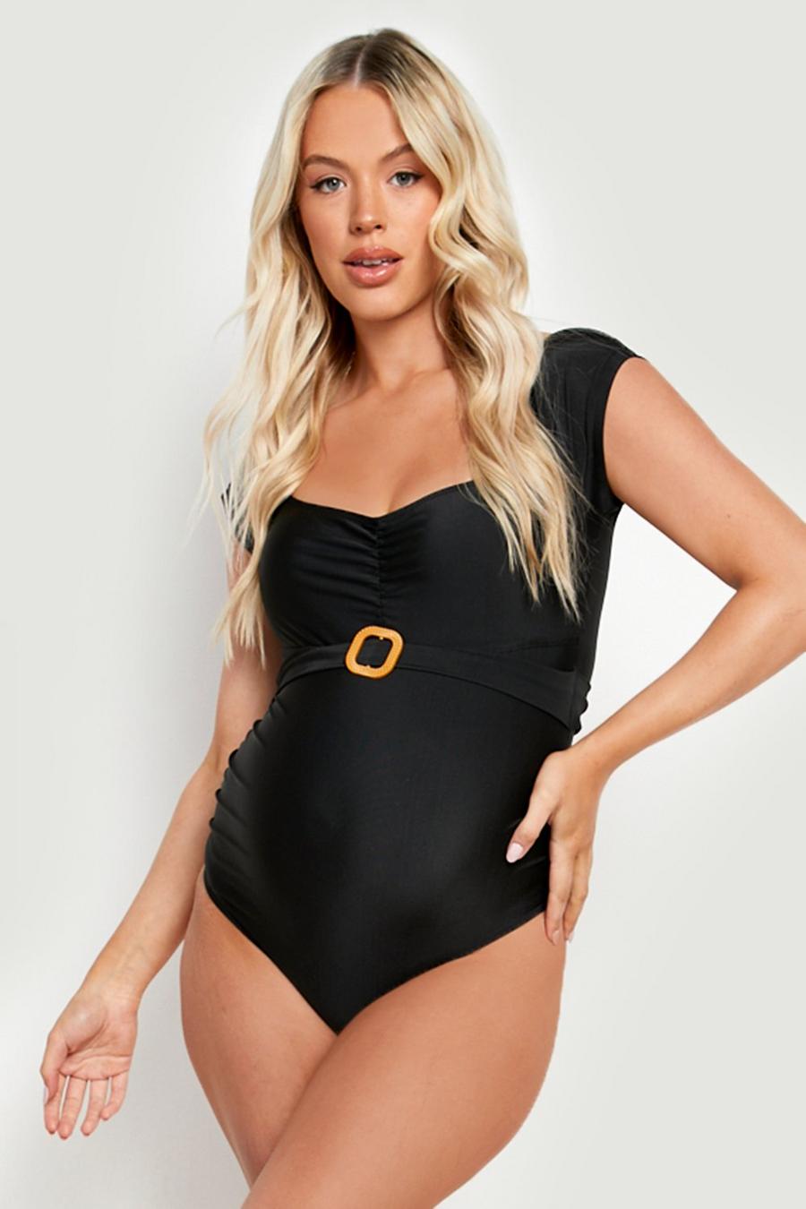 Black Maternity Raffia Belt Off The Shoulder Swimsuit image number 1