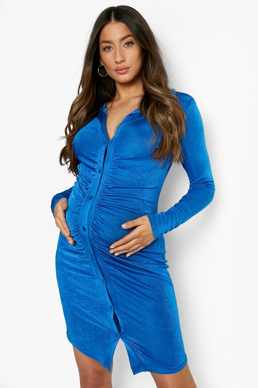 Blue Maternity Ruched Shirt Mini Dress