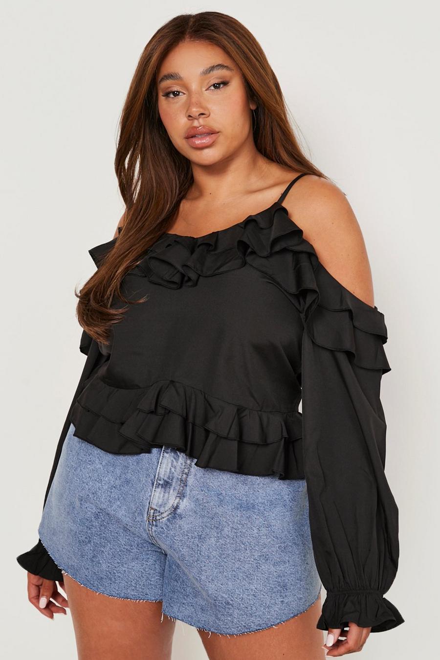 Black Plus Woven Tiered Frill Long Sleeve Top  image number 1