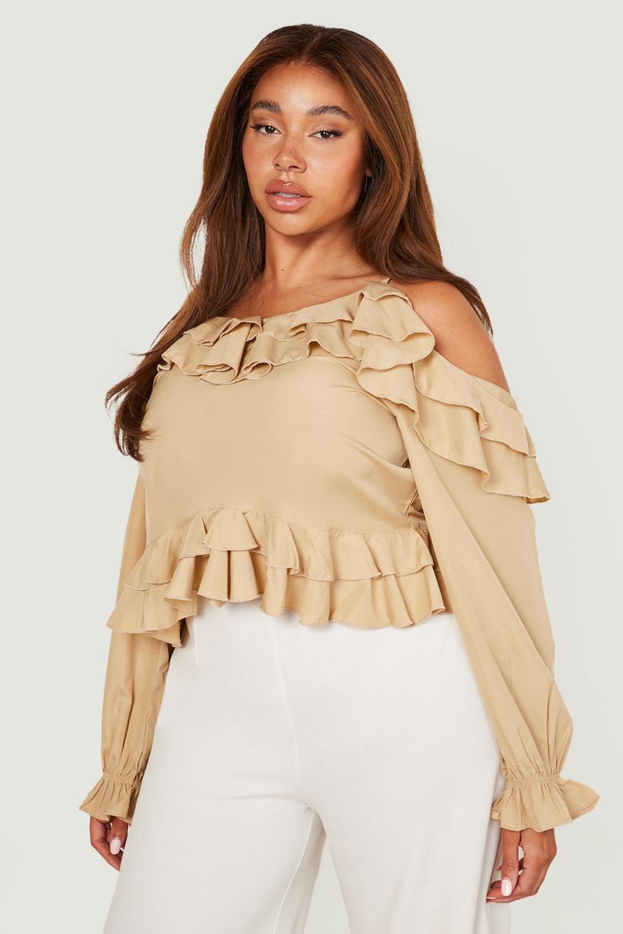 Stone Plus Woven Tiered Frill Long Sleeve Top  image number 1