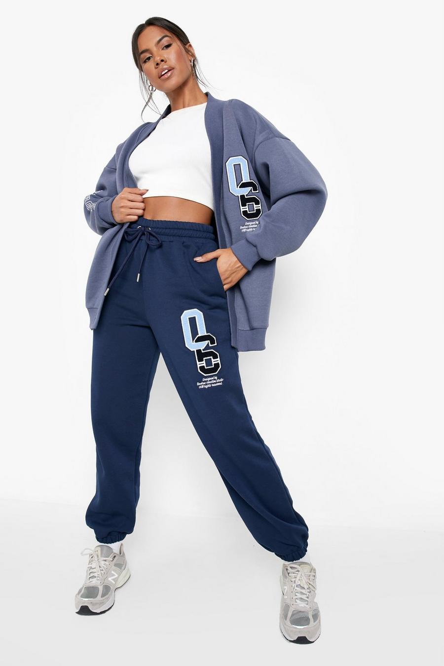 כחול משופשף חליפת טרנינג מכנסי ריצה וחולצת ז'קט עם כיתוב בסגנון נבחרת ספורט image number 1