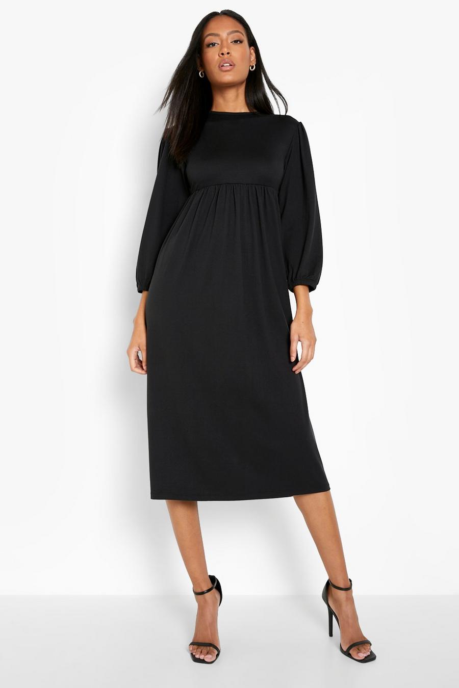 Black Tall Basic Puff Sleeve Midi Smock Dress image number 1