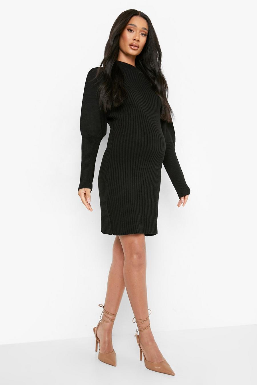 Black Maternity Puff Sleeve Knitted Midi Dress image number 1