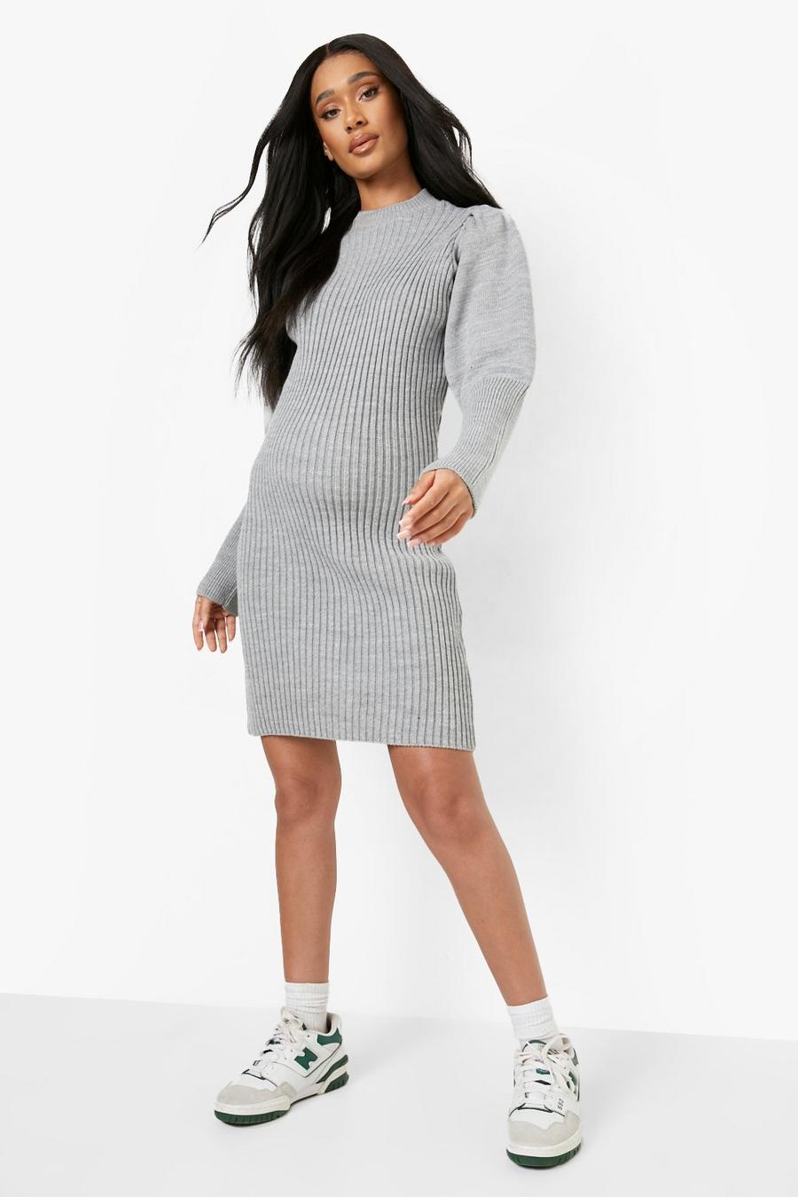 Grey marl Maternity Puff Sleeve Knitted Midi Dress